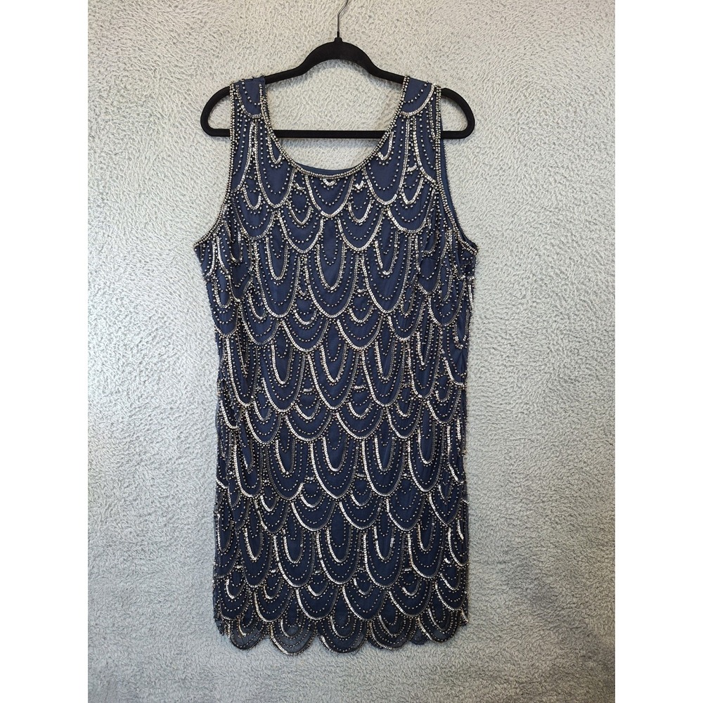 Pisarro Nights Tank Dress Womens 16 Navy Beaded Sequin Cocktail Event Side Zip